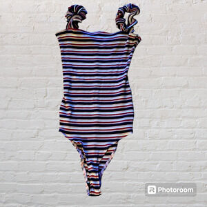 REFORMATION Hampton Ruffle Bodysuit in Hollywood Striped, Size Large